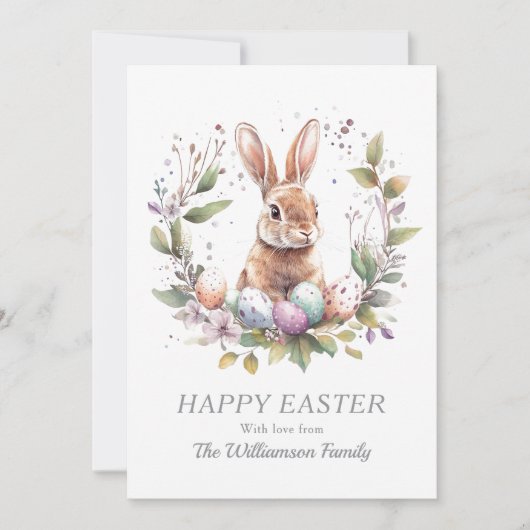 Spring Bunny Easter Eggs Krans gepersonaliseerd Feestdagenkaart (Voorkant)