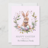 Spring Bunny Easter Eggs Krans gepersonaliseerd Feestdagenkaart (Voorkant)