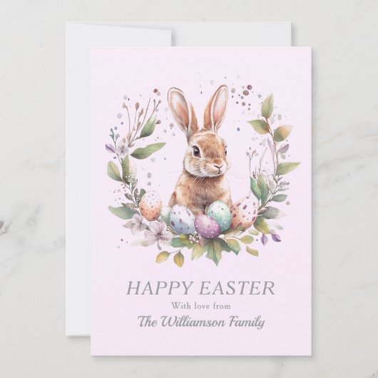 Spring Bunny Easter Eggs Krans gepersonaliseerd Feestdagenkaart (Voorkant)