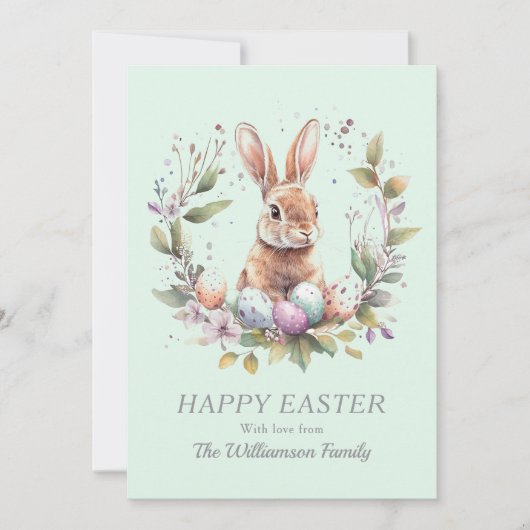 Spring Bunny Easter Eggs Krans gepersonaliseerd Feestdagenkaart (Voorkant)