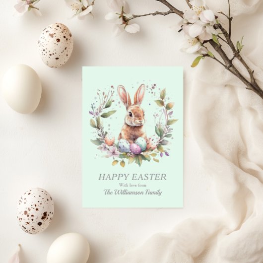 Spring Bunny Easter Eggs Krans gepersonaliseerd Feestdagenkaart
