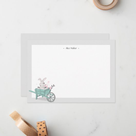 Spring Bunny Floral Monogram Stationery Notitiekaartje (Voorkant / Achterkant in situ)