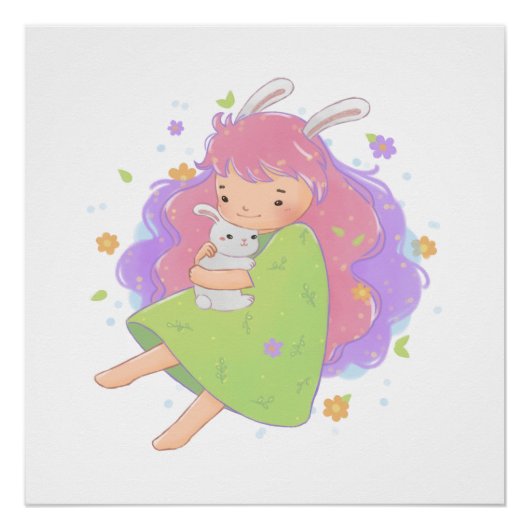 Spring Bunny Girl Illustratie Perfect Poster (Voorkant)
