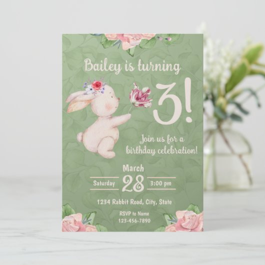 Spring Bunny Konijn Verjaardag Uitnodiging (Staand voorkant)