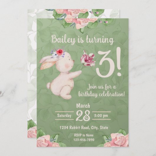 Spring Bunny Konijn Verjaardag Uitnodiging (Voorkant / Achterkant)