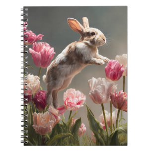 Spring Bunny Leaping Pink Tulip Art Notitieboek