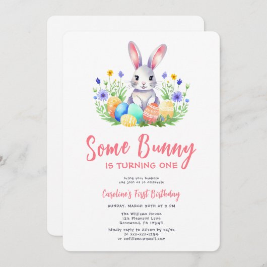 Spring Bunny Rabbit Eerste Verjaardag Kaart (Voorkant / Achterkant)