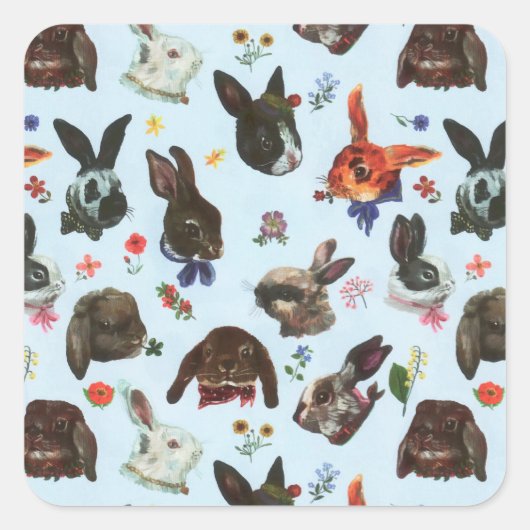 Spring Bunny Rabbits Forest Floral Vierkante Sticker (Voorkant)