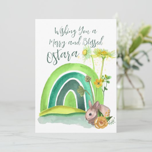 Spring Bunny Rainbow Ostara Floral Pagan Feestdagenkaart (Staand voorkant)
