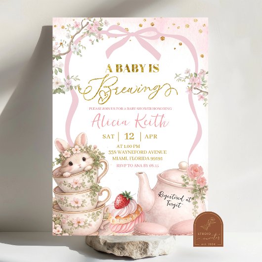 Spring Bunny Tea Baby Is Brewing Baby Shower Kaart