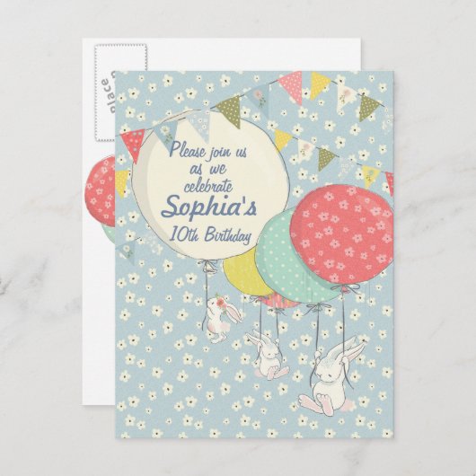 Spring Bunny Verjaardag Uitnodiging (Voorkant / Achterkant)