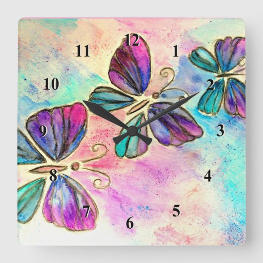 Spring Butterflies Wall Clock Waterverf Art Vierkante Klok (Voorkant)