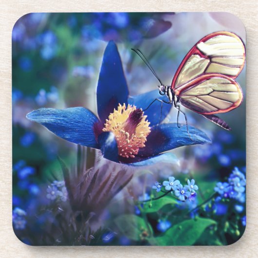 Spring Butterfly op Blue Flower Bier Onderzetter (Voorkant)