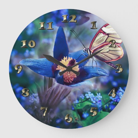 Spring Butterfly op Blue Flower Grote Klok (Voorkant)