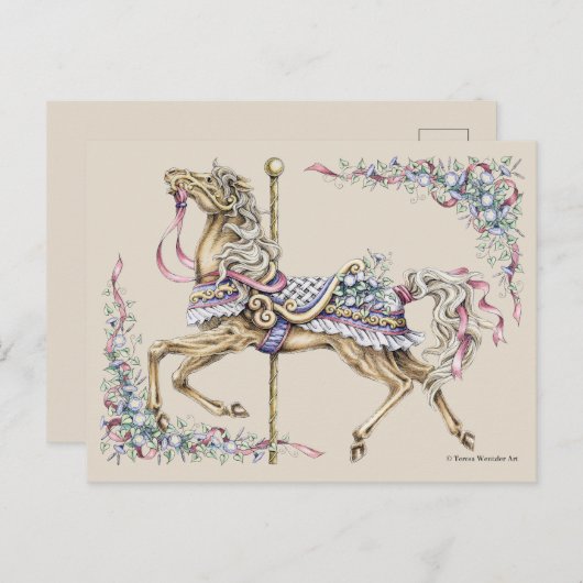 Spring Carousel Horse Drawing Post Card Briefkaart (Voorkant / Achterkant)