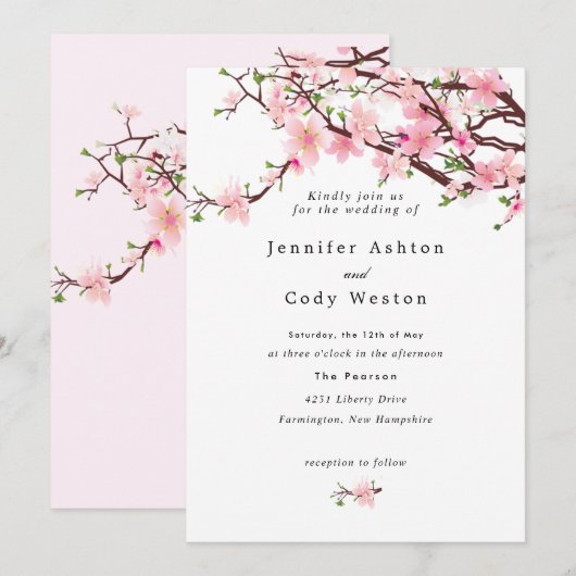 Spring Cherry Blossom Bleek Pink White Wedding Kaart (Voorkant / Achterkant)