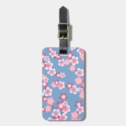 Spring Cherry Blossom Blooms op Blue Bagagelabel (Voorkant verticaal)