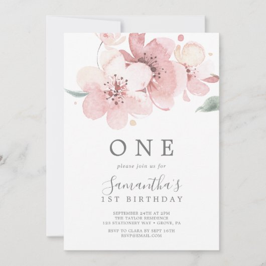 Spring Cherry Blossom First Birthday Party Kaart (Voorkant)