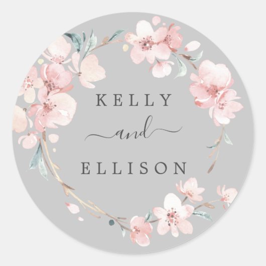 Spring Cherry Blossom Gray Wedding Envelope Seals Ronde Sticker (Voorkant)