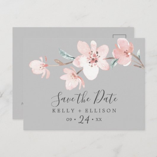 Spring Cherry Blossom Grey Save the Date Briefkaar Uitnodiging Briefkaart (Voorkant / Achterkant)