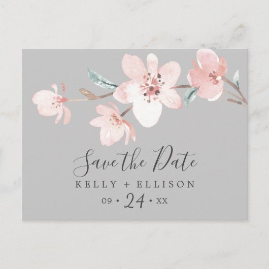 Spring Cherry Blossom Grey Save the Date Briefkaar Uitnodiging Briefkaart (Voorkant)