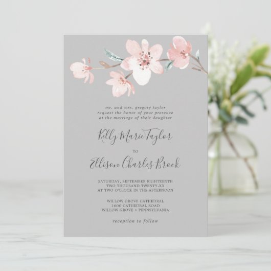 Spring Cherry Blossom | Grijs traditioneel huwelij Kaart (Staand voorkant)