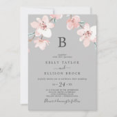 Spring Cherry Blossom | Grijze monogram bruiloft Kaart (Voorkant)