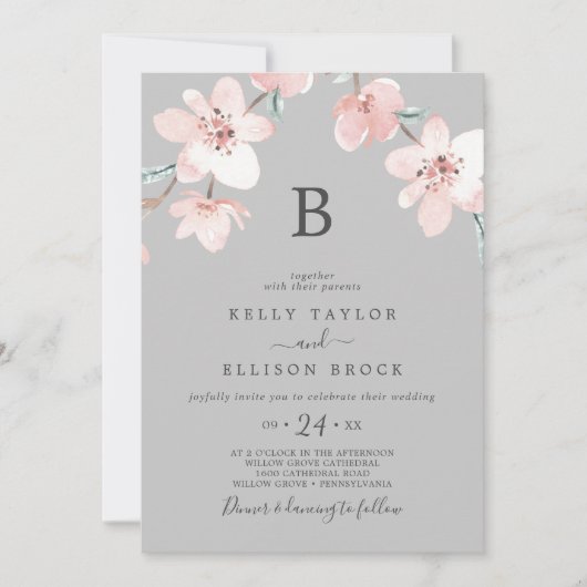 Spring Cherry Blossom | Grijze monogram bruiloft Kaart (Voorkant)