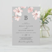 Spring Cherry Blossom | Grijze monogram bruiloft Kaart (Staand voorkant)