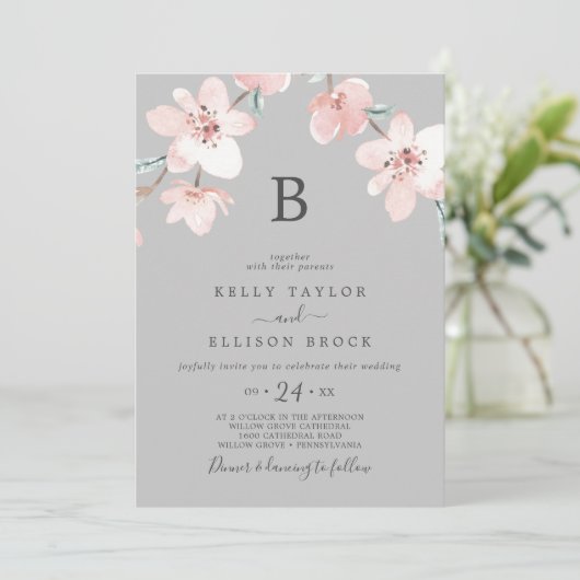 Spring Cherry Blossom | Grijze monogram bruiloft Kaart (Staand voorkant)