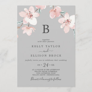Spring Cherry Blossom Grijze monogram bruiloft Kaart