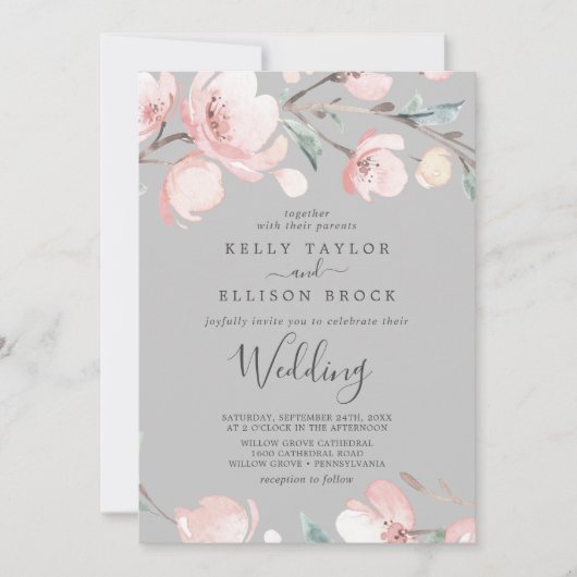 Spring Cherry Blossom | Grijze uitnodiging tot wed (Voorkant)
