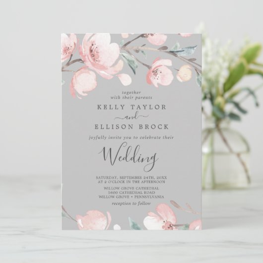 Spring Cherry Blossom | Grijze uitnodiging tot wed (Staand voorkant)