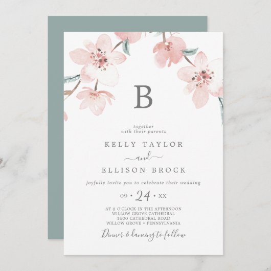 Spring Cherry Blossom Monogram Weddenschap Kaart (Voorkant / Achterkant)