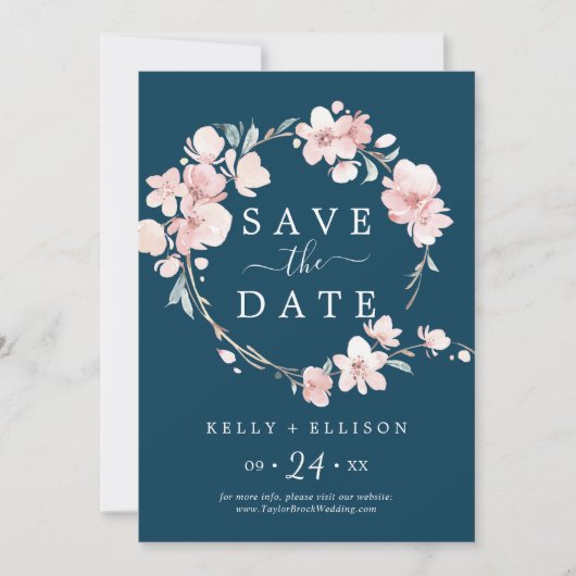 Spring Cherry Blossom | Navy Save the Date Kaart (Voorkant)