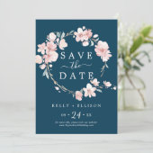 Spring Cherry Blossom | Navy Save the Date Kaart (Staand voorkant)