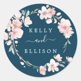 Spring Cherry Blossom Navy Wedding Envelope Seals Ronde Sticker