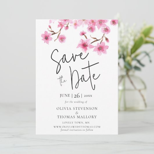 Spring Cherry Blossom Photo Wedding Save the Date Kaart (Staand voorkant)