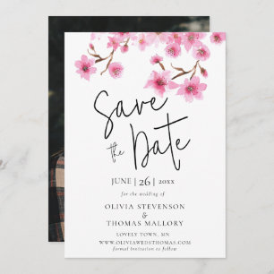 Spring Cherry Blossom Photo Wedding Save the Date Kaart