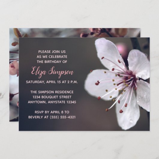 Spring Cherry Blossom Verjaardagsfeestje Uitnodigi Kaart (Voorkant / Achterkant)