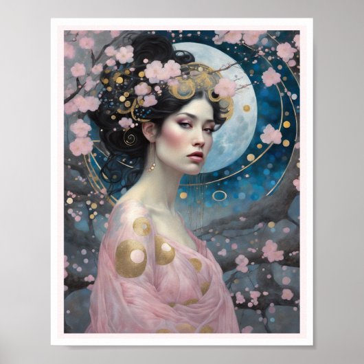 Spring Cherry Blossom Vrouw met Donker Haar Goud Poster (Voorkant)
