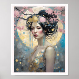 Spring Cherry Blossom Vrouw met donkere haarcirkel Poster
