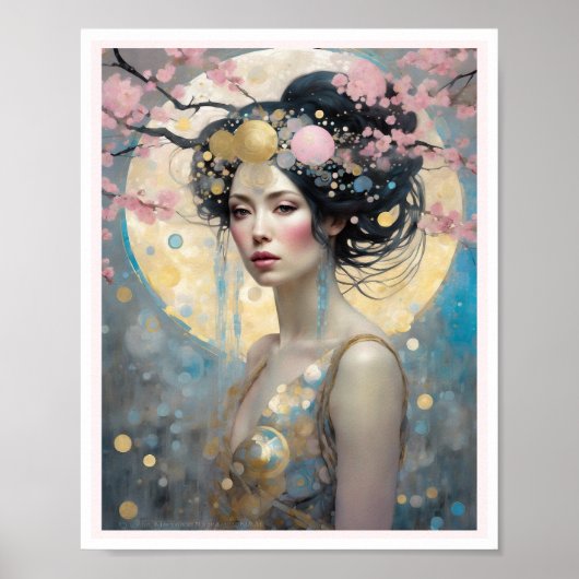 Spring Cherry Blossom Vrouw met donkere haarcirkel Poster (Voorkant)