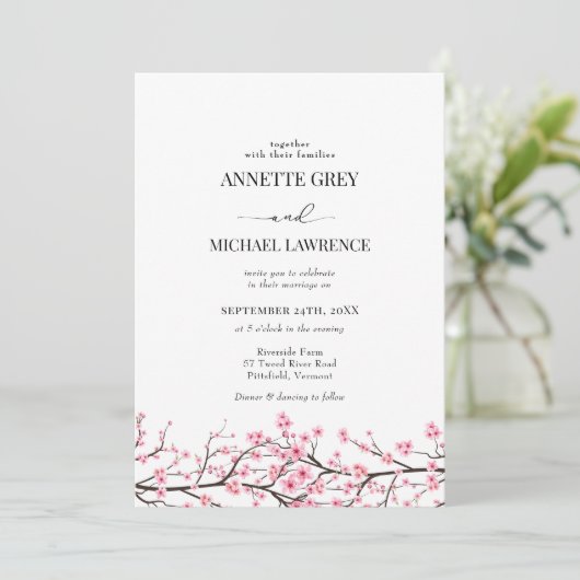 Spring Cherry Blossom Wedding Invitation Kaart (Staand voorkant)