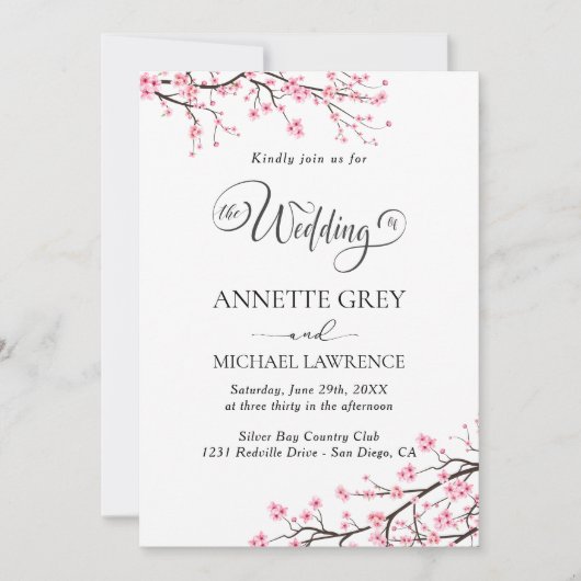 Spring Cherry Blossom Wedding Invitation Kaart (Voorkant)