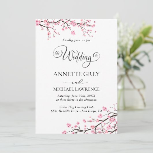 Spring Cherry Blossom Wedding Invitation Kaart (Staand voorkant)