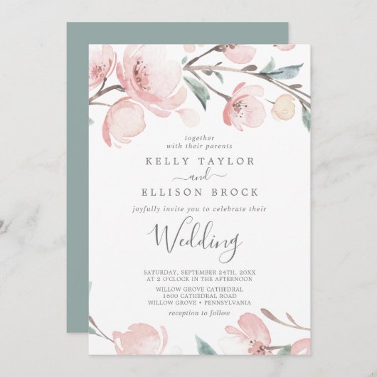 Spring Cherry Blossom Wedding Invitation Kaart (Voorkant / Achterkant)