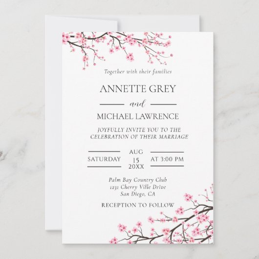 Spring Cherry Blossom Wedding Invitation Kaart (Voorkant)
