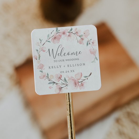 Spring Cherry Blossom Wedding Welcome Vierkante Sticker