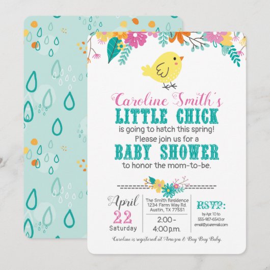 Spring Chick Baby shower Geslacht Neutraal Blauw R Kaart (Voorkant / Achterkant)